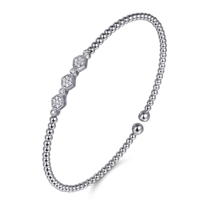 14K White Gold Bujukan Bead and Hexagon Cluster Diamond Bangle
