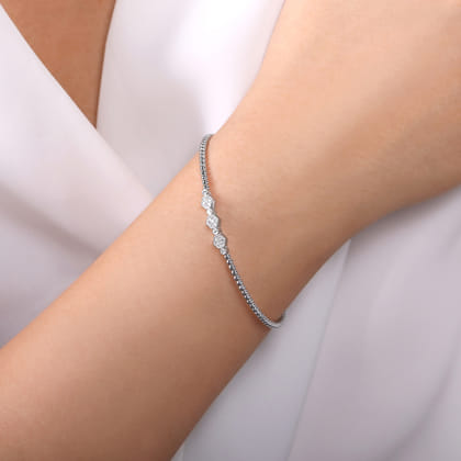 14K White Gold Bujukan Bead and Hexagon Cluster Diamond Bangle