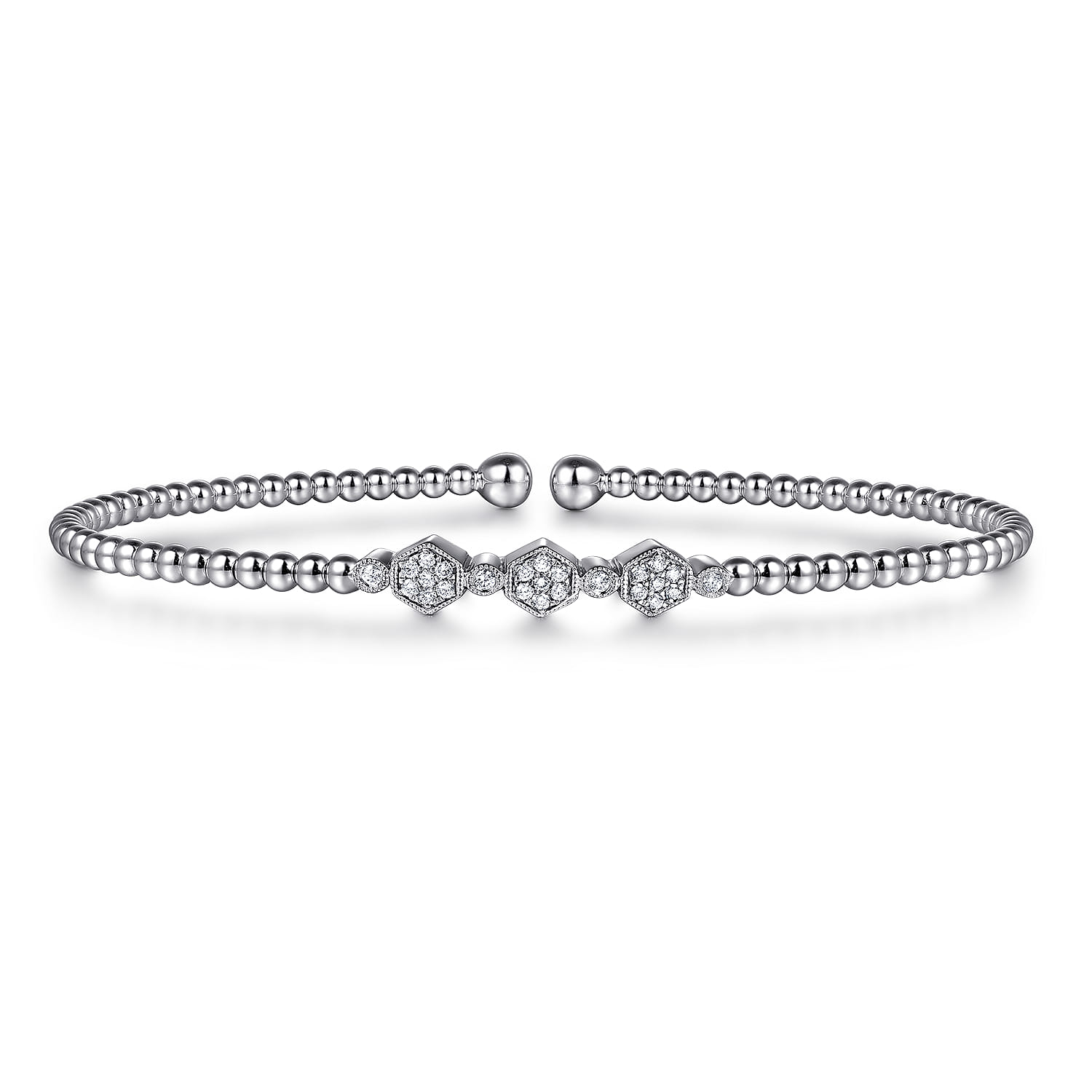 14K White Gold Bujukan Bead and Hexagon Cluster Diamond Bangle - 0.14 ct - Shot 1