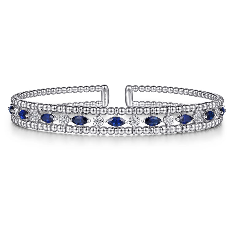 14K White Gold Bujukan Cuff Bracelet with Marquise Sapphire and Round Diamonds - 0.25 ct - Shot 1