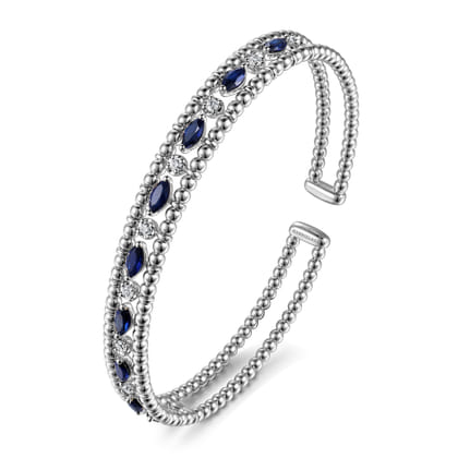 14K White Gold Bujukan Cuff Bracelet with Marquise Sapphire and Round Diamonds