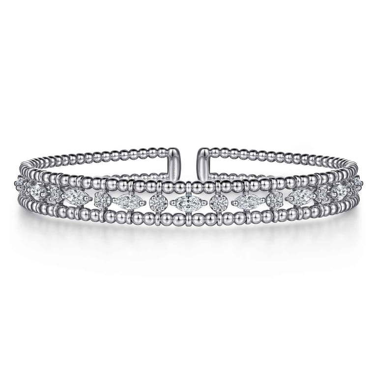 14K White Gold Bujukan Cuff Bracelet with Marquise and Round Diamonds - 1.4 ct - Shot 1