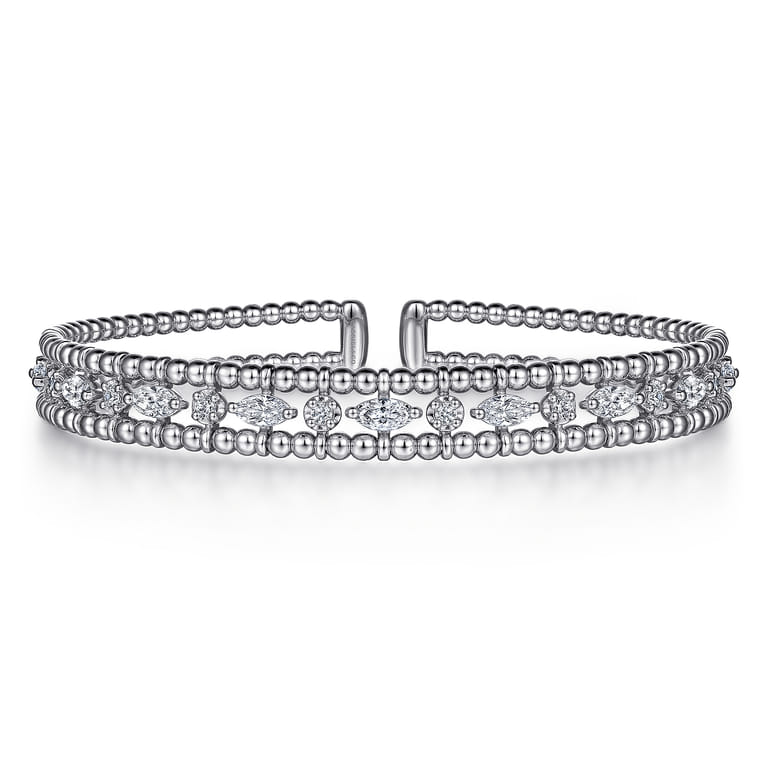 14K White Gold Bujukan Cuff Bracelet with Marquise and Round Diamonds - 1.4 ct - Shot 1