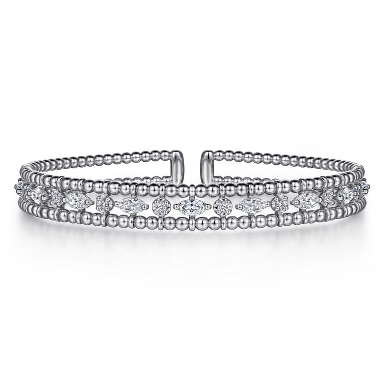 14K White Gold Bujukan Cuff Bracelet with Marquise and Round Diamonds - 1.4 ct - Shot 1