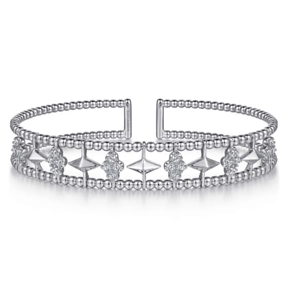 14K White Gold Bujukan Diamond Cluster and Gold Pyramid Cuff Bangle