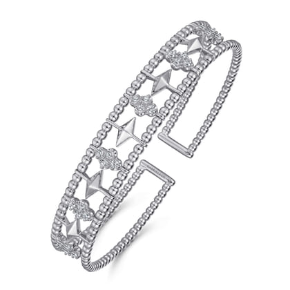 14K White Gold Bujukan Diamond Cluster and Gold Pyramid Cuff Bangle
