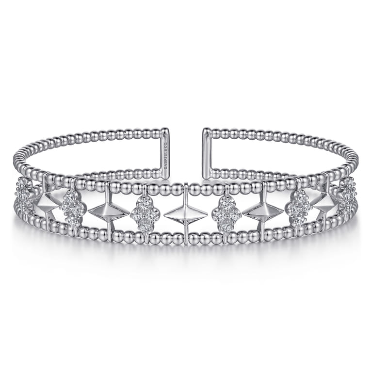 14K White Gold Bujukan Diamond Cluster and Gold Pyramid Cuff Bangle - 0.6 ct - Shot 1