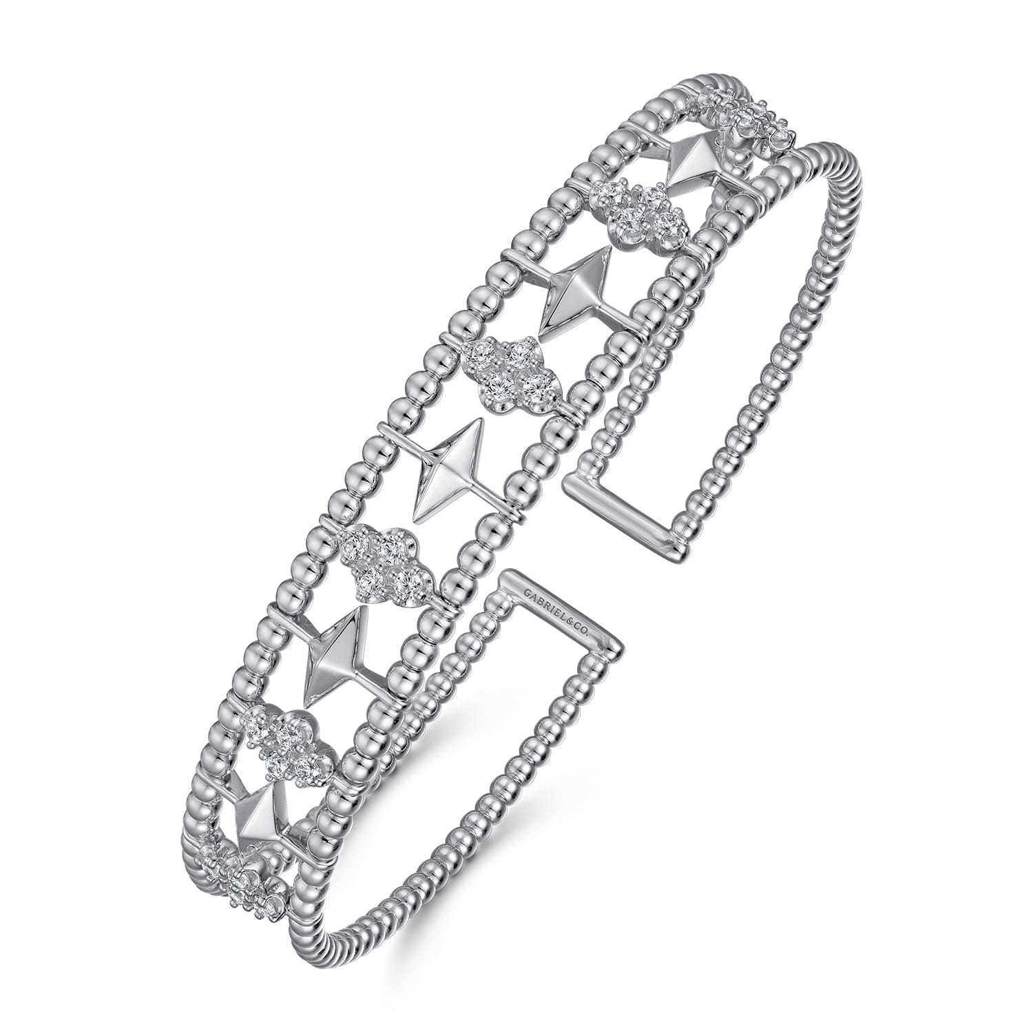14K White Gold Bujukan Diamond Cluster and Gold Pyramid Cuff Bangle - 0.6 ct - Shot 2