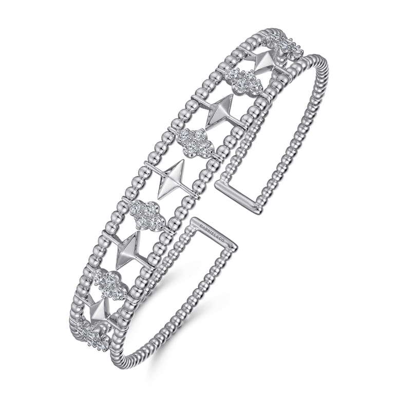 14K White Gold Bujukan Diamond Cluster and Gold Pyramid Cuff Bangle - 0.6 ct - Shot 2