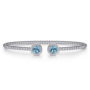 14K White Gold Bujukan Diamond Halo and Blue Topaz Bangle