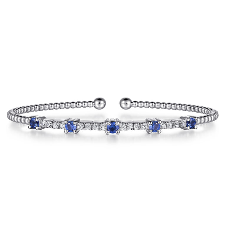 14K White Gold Bujukan Diamond and Blue Sapphire Cuff Bracelet - 0.29 ct - Shot 1