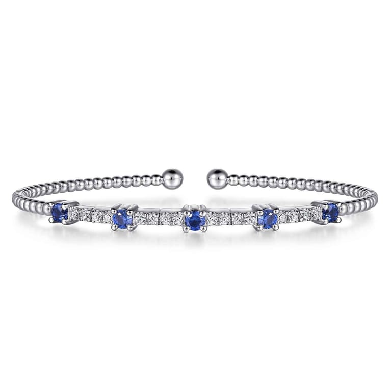 14K White Gold Bujukan Diamond and Blue Sapphire Cuff Bracelet - 0.29 ct - Shot 1