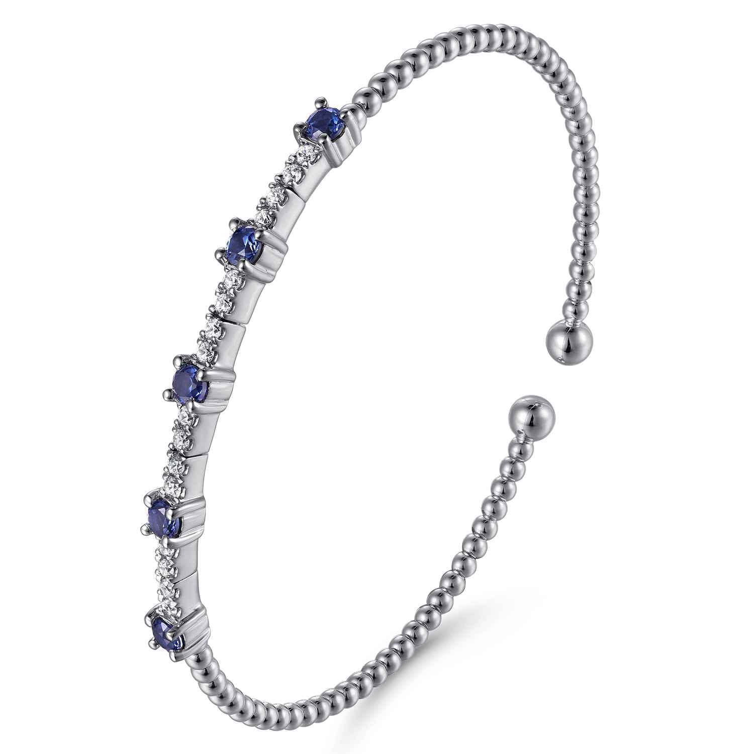 14K White Gold Bujukan Diamond and Blue Sapphire Cuff Bracelet - 0.29 ct - Shot 2