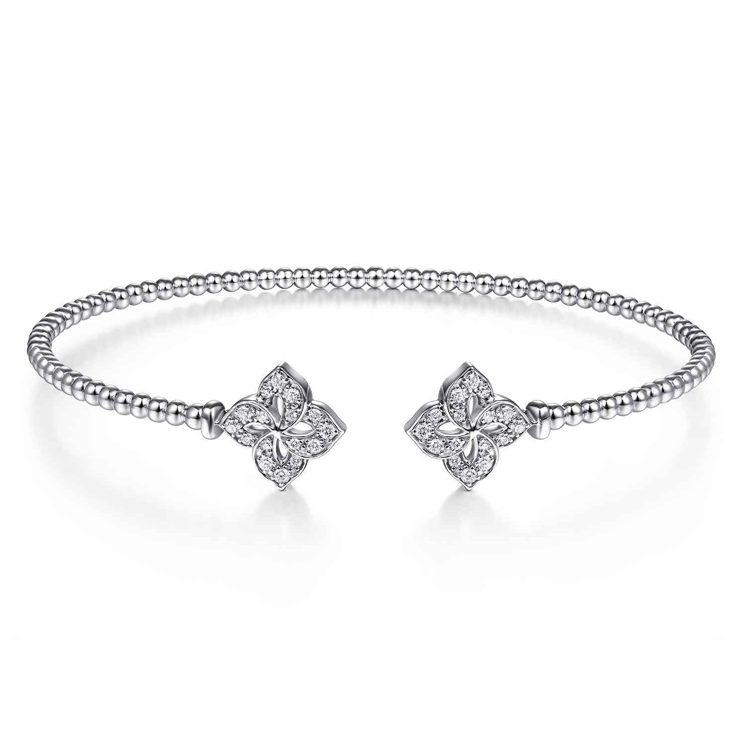 14K White Gold Bujukan Split Cuff Bracelet with Diamond Flower Caps - 0.21 ct - Shot 1