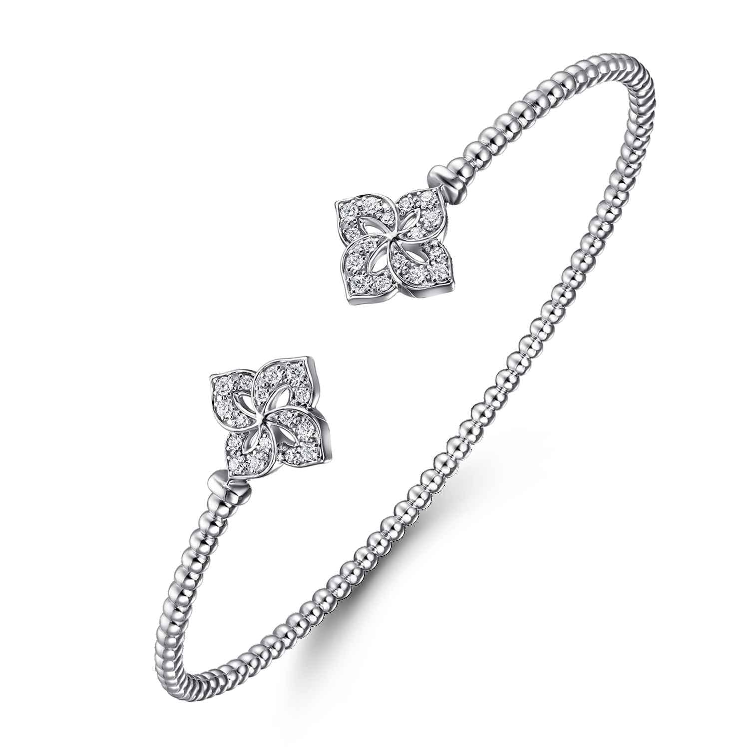 14K White Gold Bujukan Split Cuff Bracelet with Diamond Flower Caps - 0.21 ct - Shot 2