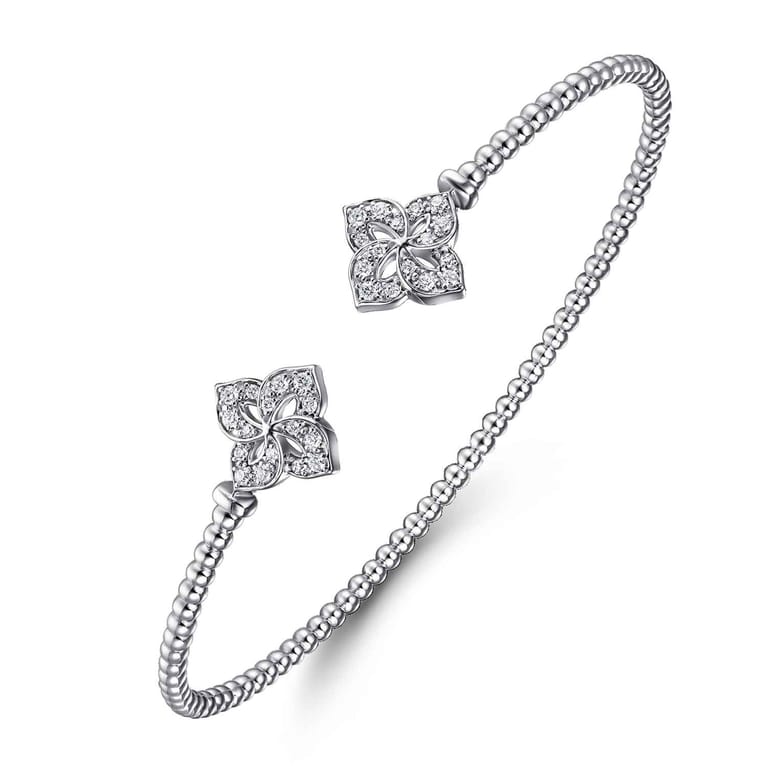 14K White Gold Bujukan Split Cuff Bracelet with Diamond Flower Caps - 0.21 ct - Shot 2