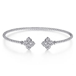 14K White Gold Bujukan Split Cuff Bracelet with Diamond Flower Caps