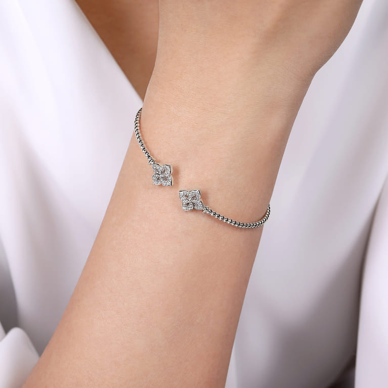 14K White Gold Bujukan Split Cuff Bracelet with Diamond Flower Caps - 0.23 ct - Shot 4