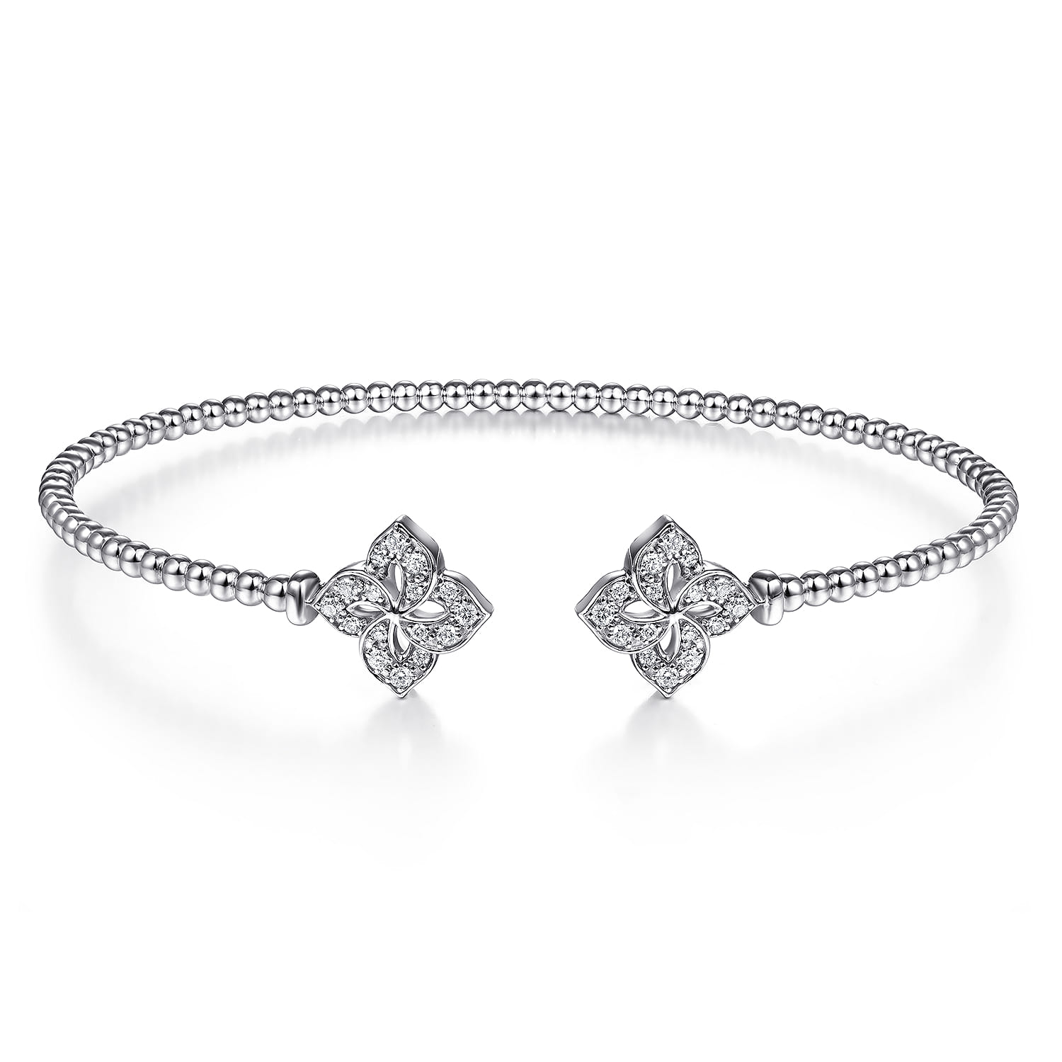 14K White Gold Bujukan Split Cuff Bracelet with Diamond Flower Caps - 0.23 ct - Shot 1