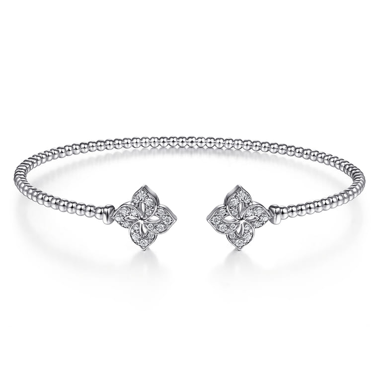 14K White Gold Bujukan Split Cuff Bracelet with Diamond Flower Caps - 0.23 ct - Shot 1