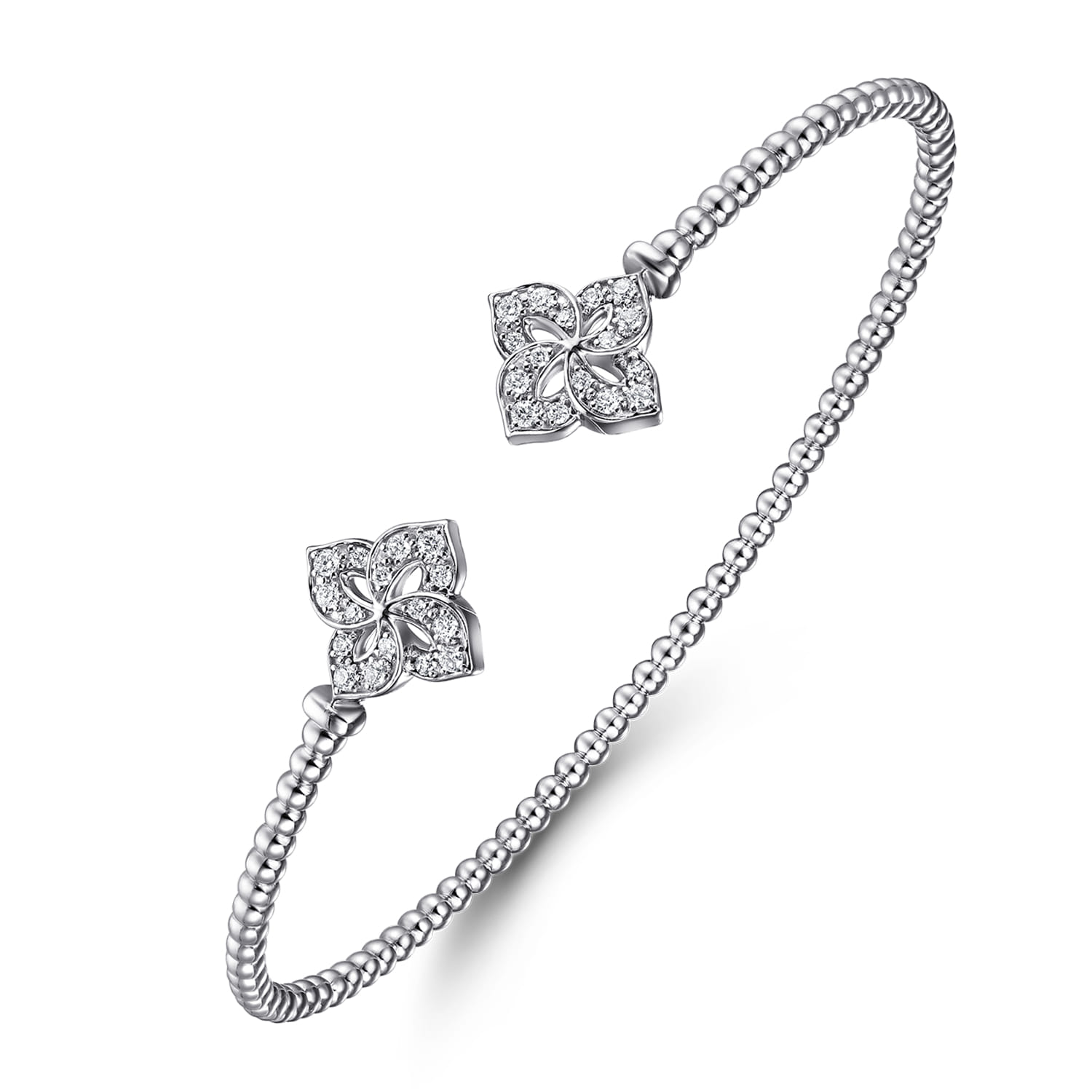 14K White Gold Bujukan Split Cuff Bracelet with Diamond Flower Caps - 0.23 ct - Shot 2