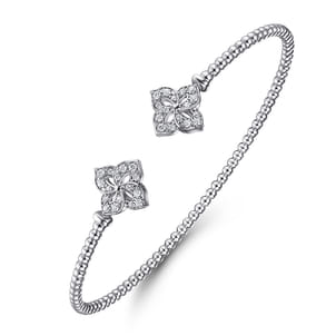 14K White Gold Bujukan Split Cuff Bracelet with Diamond Flower Caps