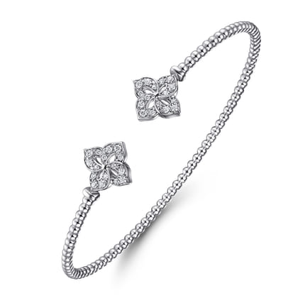 14K White Gold Bujukan Split Cuff Bracelet with Diamond Flower Caps