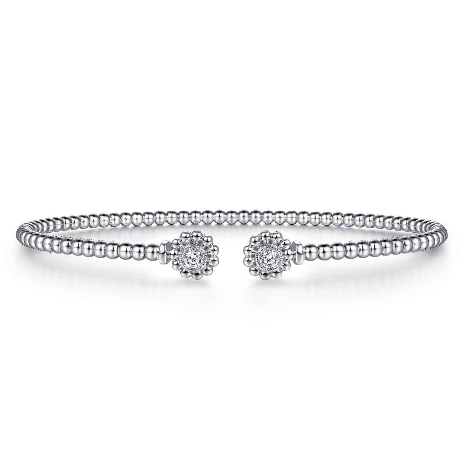 14K White Gold Bujukan Split Cuff Bracelet with Diamond Flower Caps - 0.09 ct - Shot 1