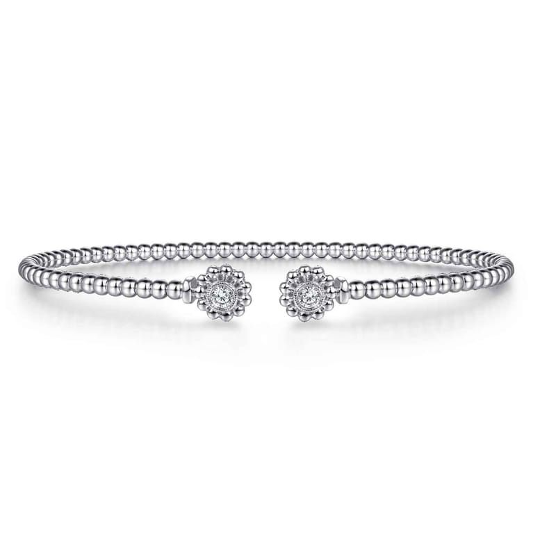 14K White Gold Bujukan Split Cuff Bracelet with Diamond Flower Caps - 0.09 ct - Shot 1