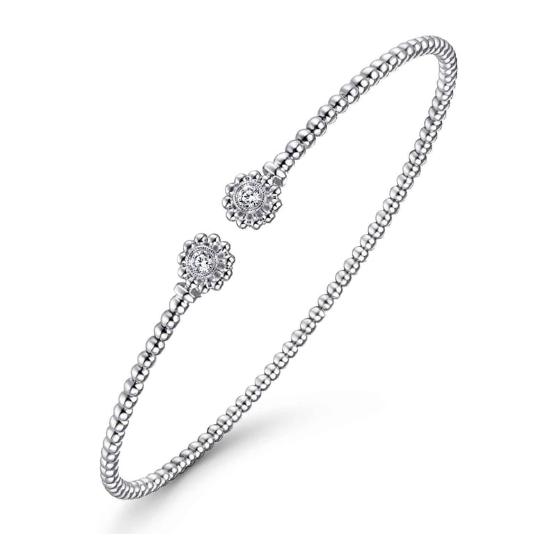 14K White Gold Bujukan Split Cuff Bracelet with Diamond Flower Caps - 0.09 ct - Shot 2