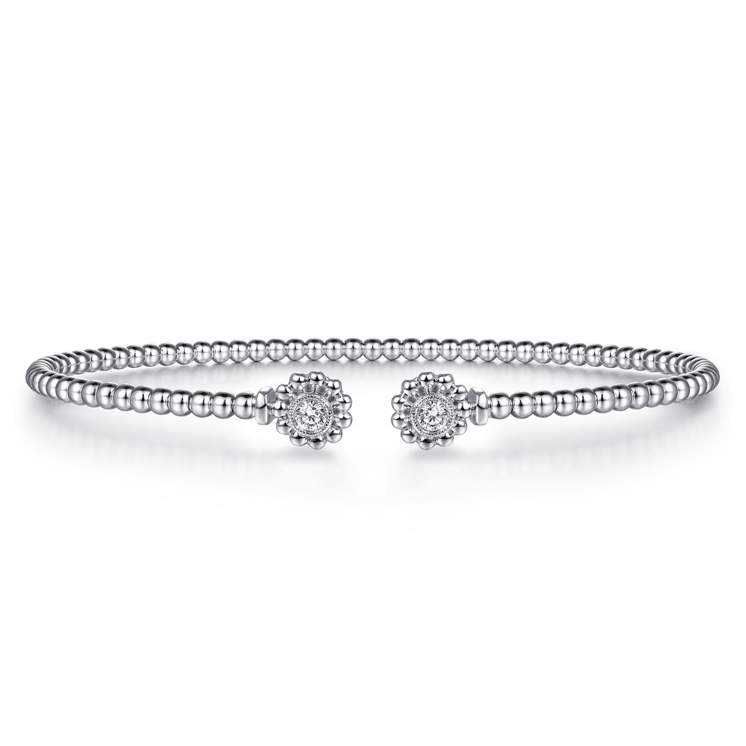 14K White Gold Bujukan Split Cuff Bracelet with Diamond Flower Caps - 0.09 ct - Shot 1
