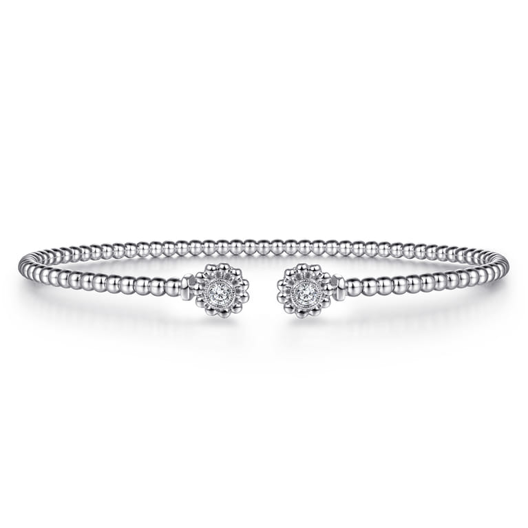 14K White Gold Bujukan Split Cuff Bracelet with Diamond Flower Caps - 0.09 ct - Shot 1