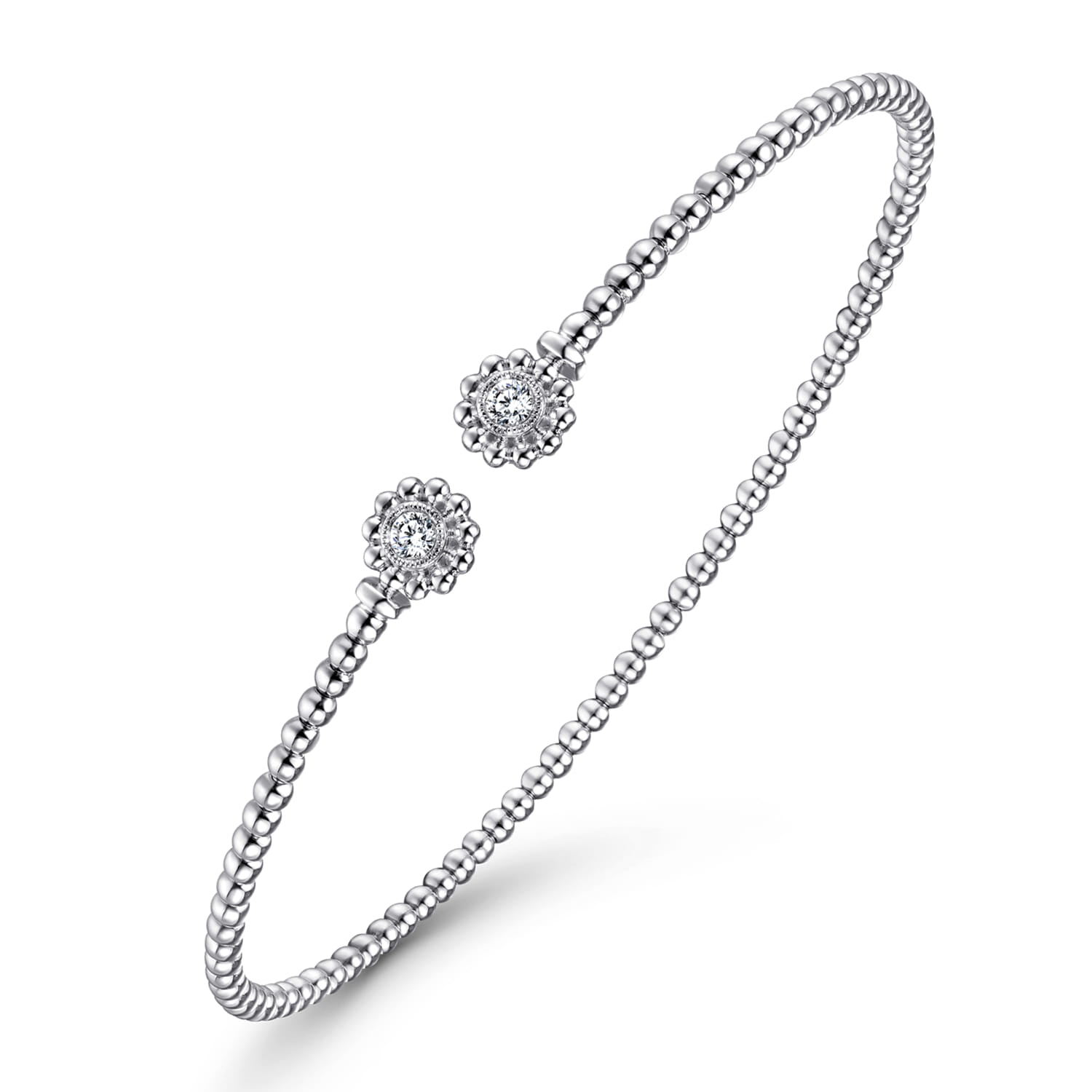 14K White Gold Bujukan Split Cuff Bracelet with Diamond Flower Caps - 0.09 ct - Shot 2