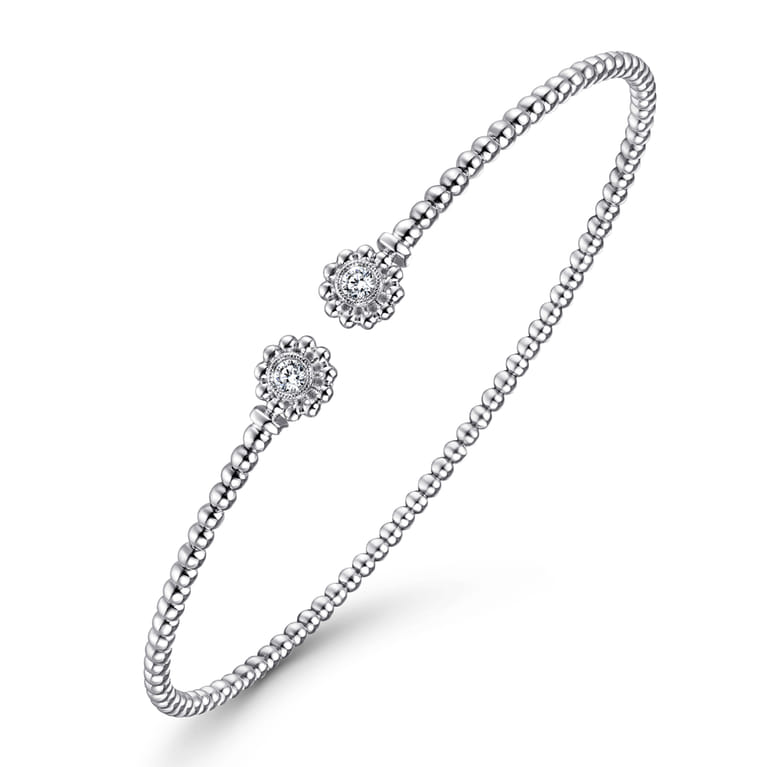 14K White Gold Bujukan Split Cuff Bracelet with Diamond Flower Caps - 0.09 ct - Shot 2