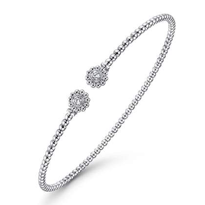 14K White Gold Bujukan Split Cuff Bracelet with Diamond Flower Caps