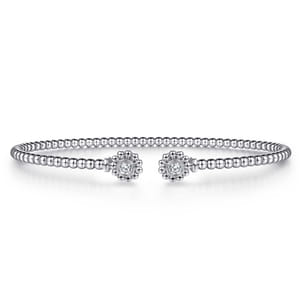14K White Gold Bujukan Split Cuff Bracelet with Diamond Flower Caps