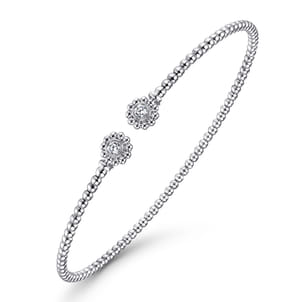 14K White Gold Bujukan Split Cuff Bracelet with Diamond Flower Caps