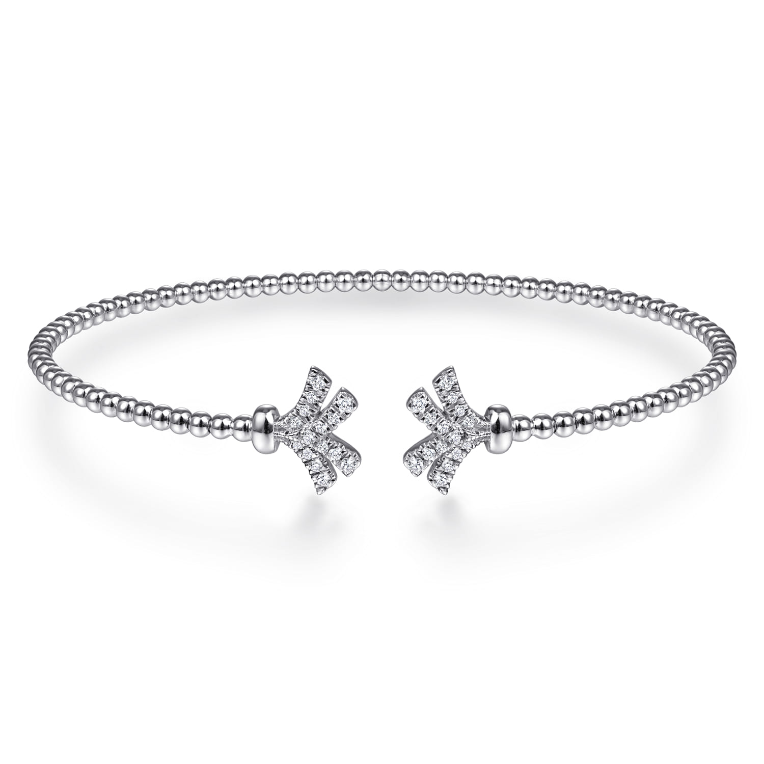 14K White Gold Bujukan Split Cuff Bracelet with Diamond Pave Fan Caps - 0.18 ct - Shot 1