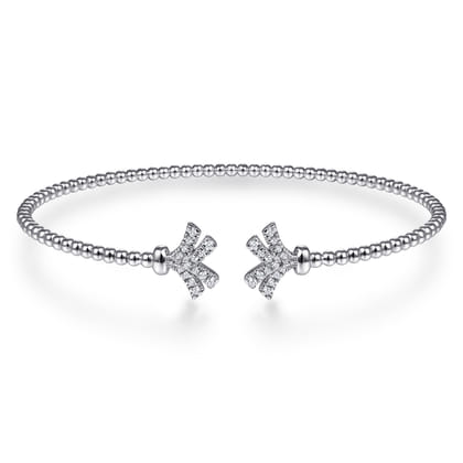 14K White Gold Bujukan Split Cuff Bracelet with Diamond Pave Fan Caps