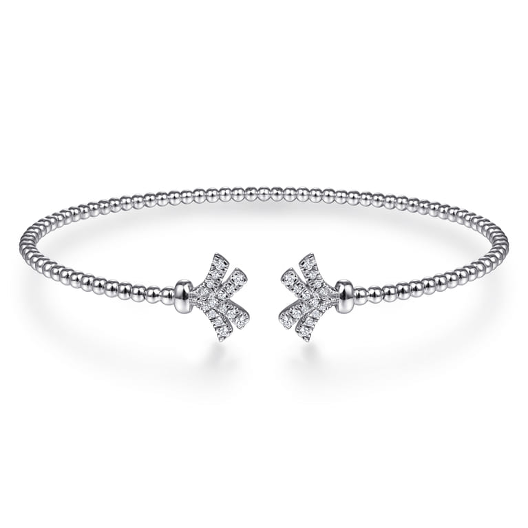 14K White Gold Bujukan Split Cuff Bracelet with Diamond Pave Fan Caps - 0.2 ct - Shot 1