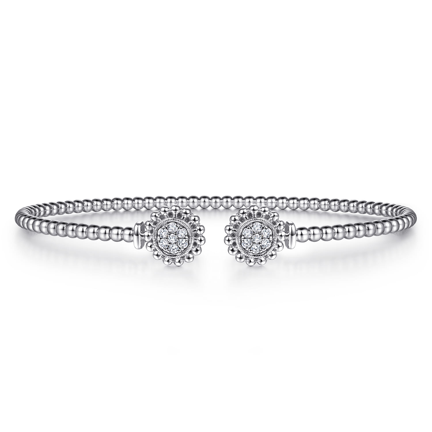 14K White Gold Bujukan Split Cuff Bracelet with Diamond Pave Flower Caps - 0.18 ct - Shot 1