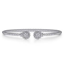 14K White Gold Bujukan Split Cuff Bracelet with Diamond Pave Flower Caps