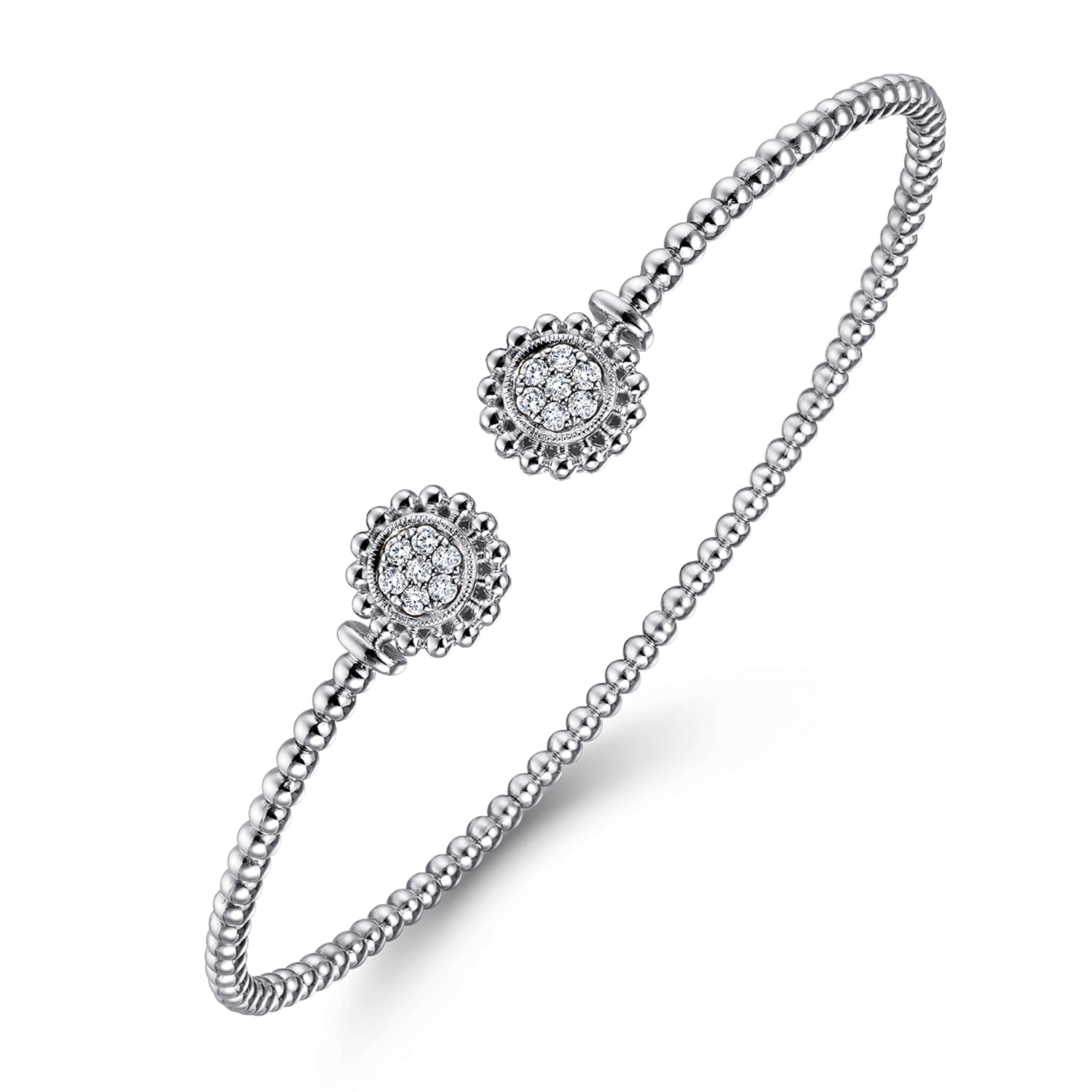14K White Gold Bujukan Split Cuff Bracelet with Diamond Pave Flower Caps - 0.18 ct - Shot 2