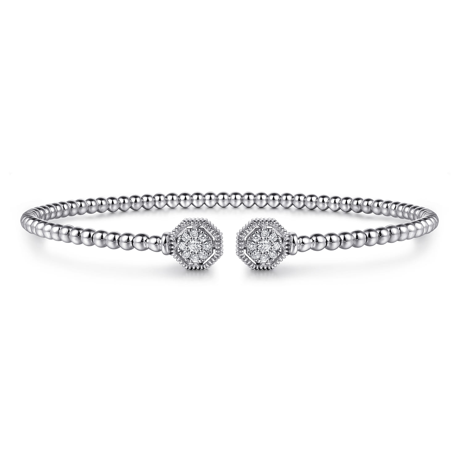 14K White Gold Bujukan Split Cuff Bracelet with Diamond Pave Hexagon Caps - 0.11 ct - Shot 1