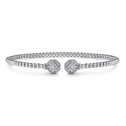 14K White Gold Bujukan Split Cuff Bracelet with Diamond Pave Hexagon Caps