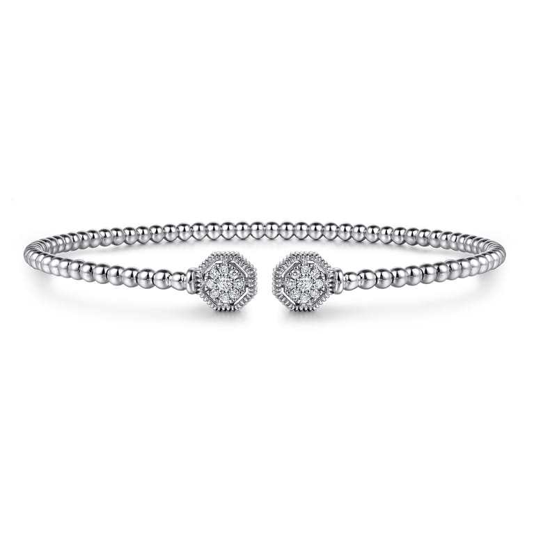14K White Gold Bujukan Split Cuff Bracelet with Diamond Pave Hexagon Caps - 0.11 ct - Shot 1