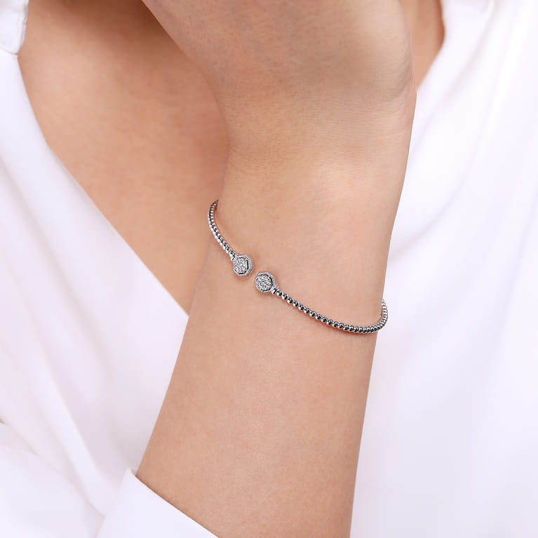 14K White Gold Bujukan Split Cuff Bracelet with Diamond Pave Hexagon Caps - 0.11 ct - Shot 4