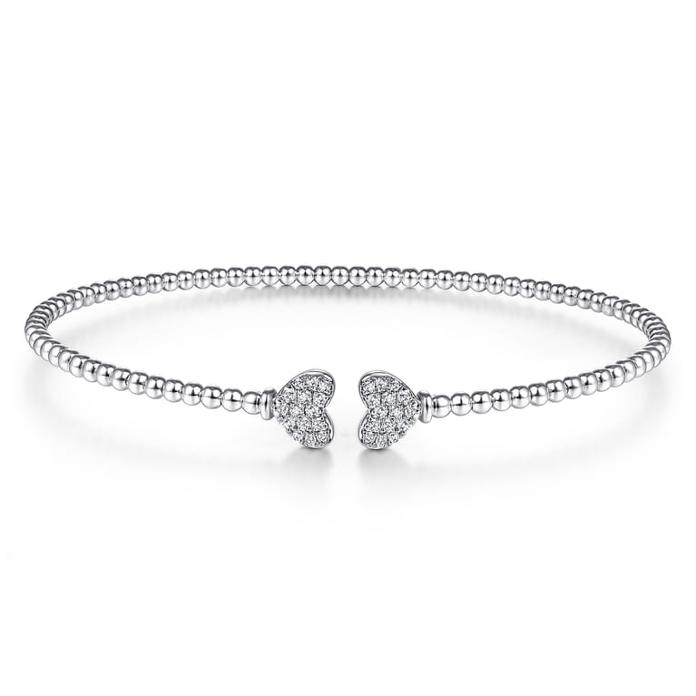 14K White Gold Bujukan Split Cuff Bracelet with Pave Diamond Hearts - 0.19 ct - Shot 1