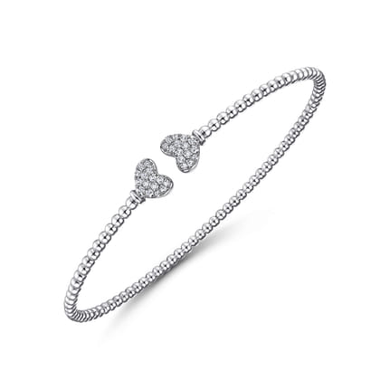 14K White Gold Bujukan Split Cuff Bracelet with Pave Diamond Hearts