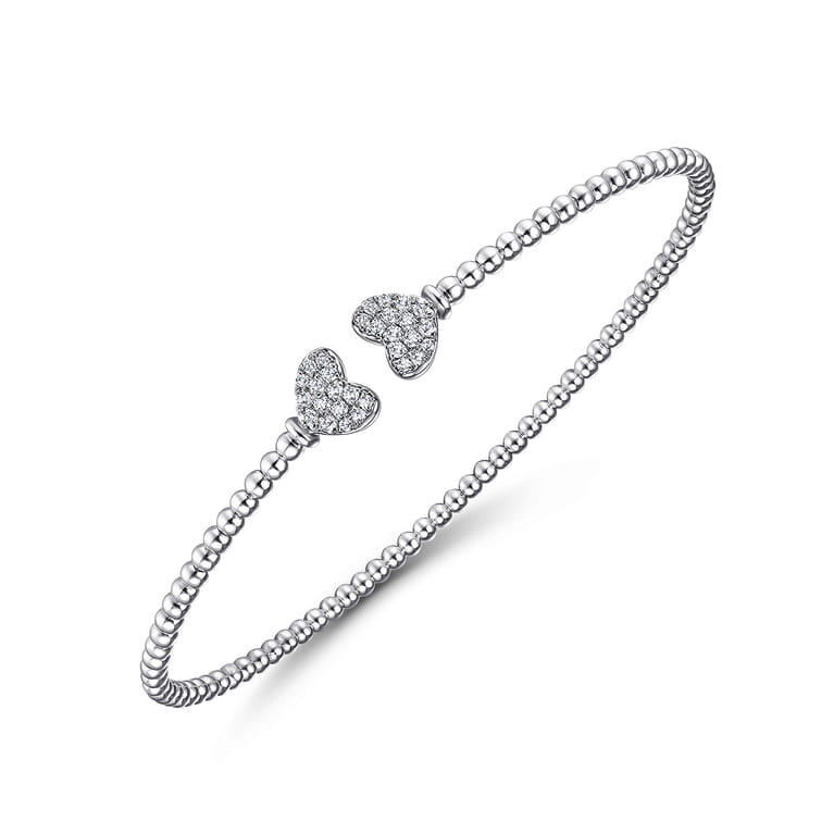 14K White Gold Bujukan Split Cuff Bracelet with Pave Diamond Hearts - 0.19 ct - Shot 2